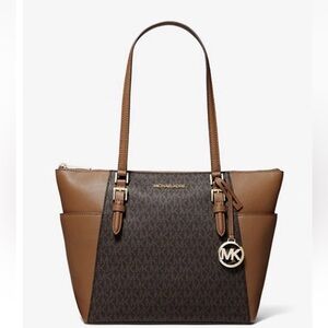 MICHAEL KORS CHARLOTTE LARGE ZIP TOTE SHOULDER BAG MK BROWN SIGNATURE LOGO PURSE